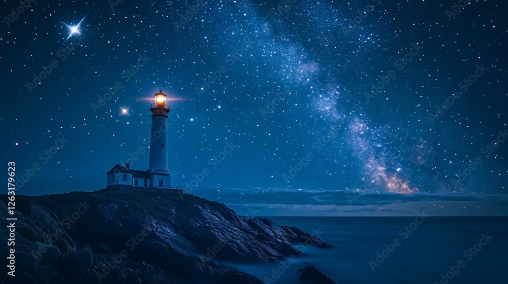 Shooting stars glowing brightly above a coastal lighthouse, its beam reaching into the vast starlit expanse, Shooting stars glowing brightly above a coastal lighthouse, its beam reaching into the vast starlit expanse,