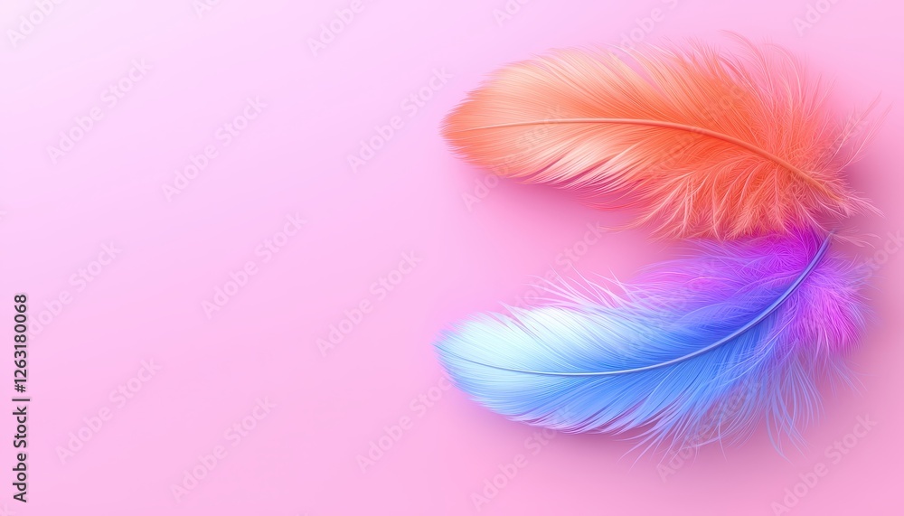 Fototapeta premium Colorful feathers on a pink background, adding a playful touch to creative designs.