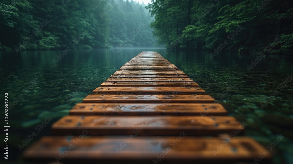 Obraz premium Wooden walkway extending into a serene forest lake