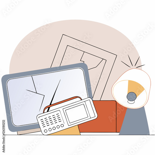 Excessive consumption Minimalist illustration of broken household electronics and appliances