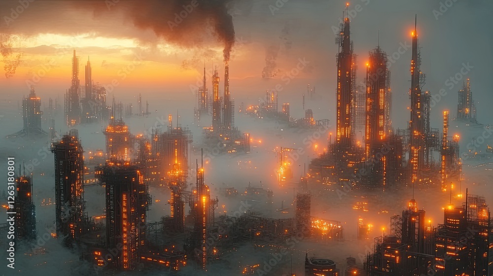 Futuristic Cityscape Illuminated at Sunset with Smoke Futuristic Cityscape Illuminated at Sunset with Smoke
