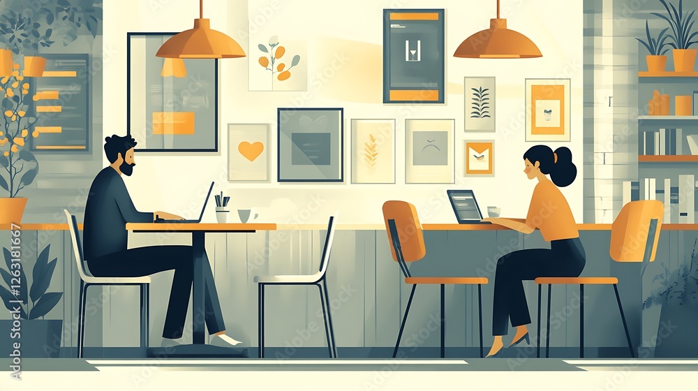 Two individuals work remotely on laptops at separate tables in a modern cafe. Two individuals work remotely on laptops at separate tables in a modern cafe.