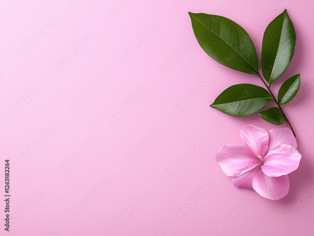 Delicate pink flower with green leaves on a light pink background showcasing natural beauty. Delicate pink flower with green leaves on a light pink background showcasing natural beauty.