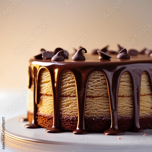 chocolate cake with strawberries and cream, Delicious Chocolate Cake with Sprinkles and Drizzle, Freshly made cake in plate, The cake is decorated with white chocolate and whipped cream.