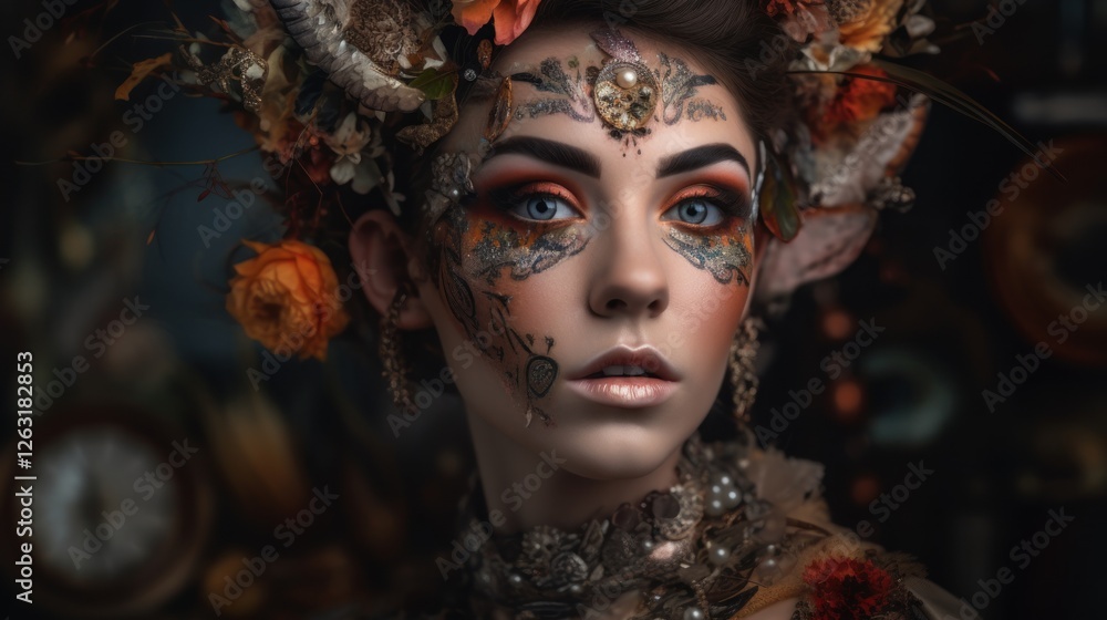Autumnal Goddess With Intricate Face Paint And Floral Headpiece Autumnal Goddess With Intricate Face Paint And Floral Headpiece