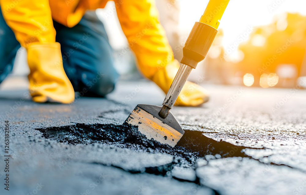 Road repair action urban location construction scene evening environment close-up viewpoint infrastructure concept for seo impact Road repair action urban location construction scene evening environment close-up viewpoint infrastructure concept for seo impact
