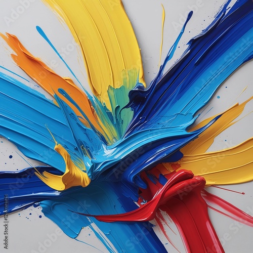 multicolored brush strokes of acrylic colors on white canvas, an abstract painting featuring a vibrant explosion of colors, predominantly blue, orange, and white, with splashes of red and black.