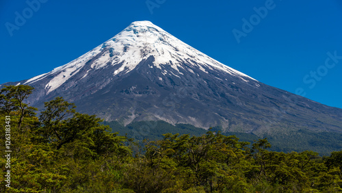 Osorno volcano from the Andes Mountains, Chile, seen from the Petrohue waterfalls photo