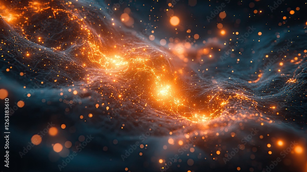 Fototapeta premium Abstract Glowing Particles Flowing Across Dark Surface