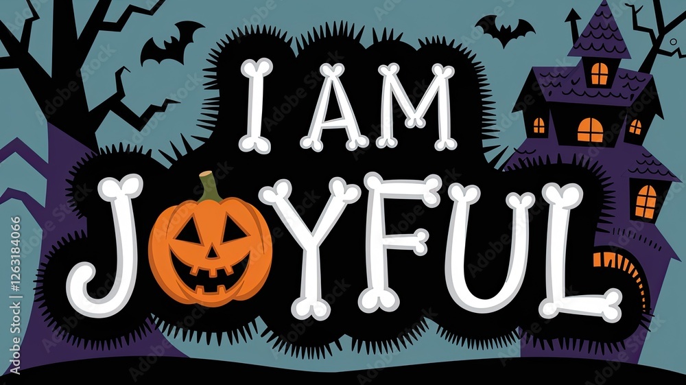 Fototapeta premium A cheerful Halloween-themed image featuring a playful pumpkin, a spooky house, and the phrase 
