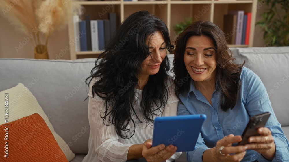 Two mature women sitting on a sofa sharing a moment of connection with digital devices in a cozy living room environment, highlighting friendship and technology use. Two mature women sitting on a sofa sharing a moment of connection with digital devices in a cozy living room environment, highlighting friendship and technology use.