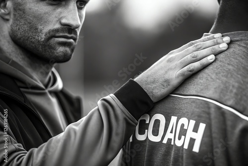 Close-up of a coach showing support with a hand on a player's shoulder.