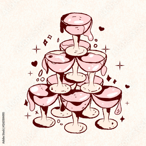 Champagne Tower Illustration Clipart, hand drawn, wedding stationery and signage, cocktails,champagne glasses clink drawing outline, coquette clipart,  champagne cheers, margarita,wine,vintage clipart