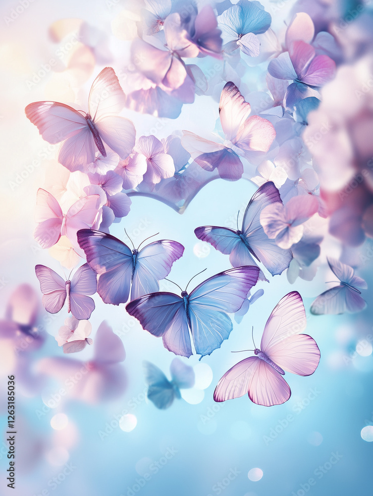 Soft and dreamy March postcard featuring delicate butterflies in a whimsical pastel setting Soft and dreamy March postcard featuring delicate butterflies in a whimsical pastel setting