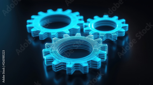 Three glowing blue gears on a dark background representing machinery and innovation.