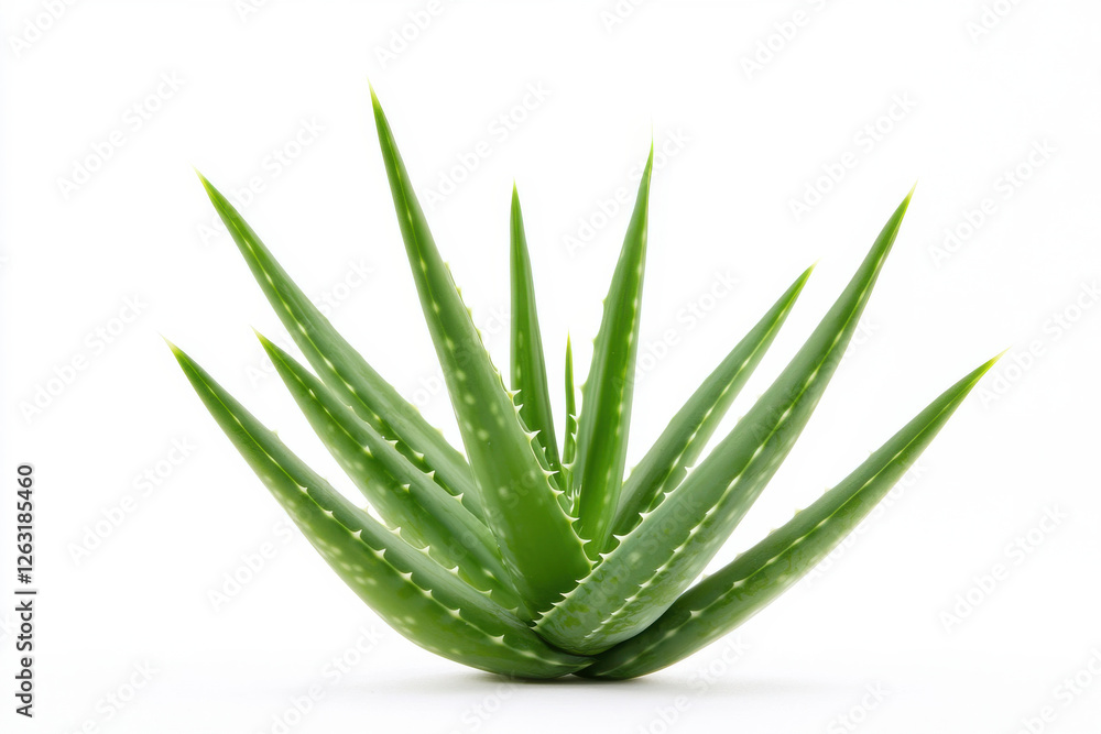 Fototapeta premium Vibrant aloe vera plant with thick, spiky leaves against a clean white backdrop. isolated on white background.