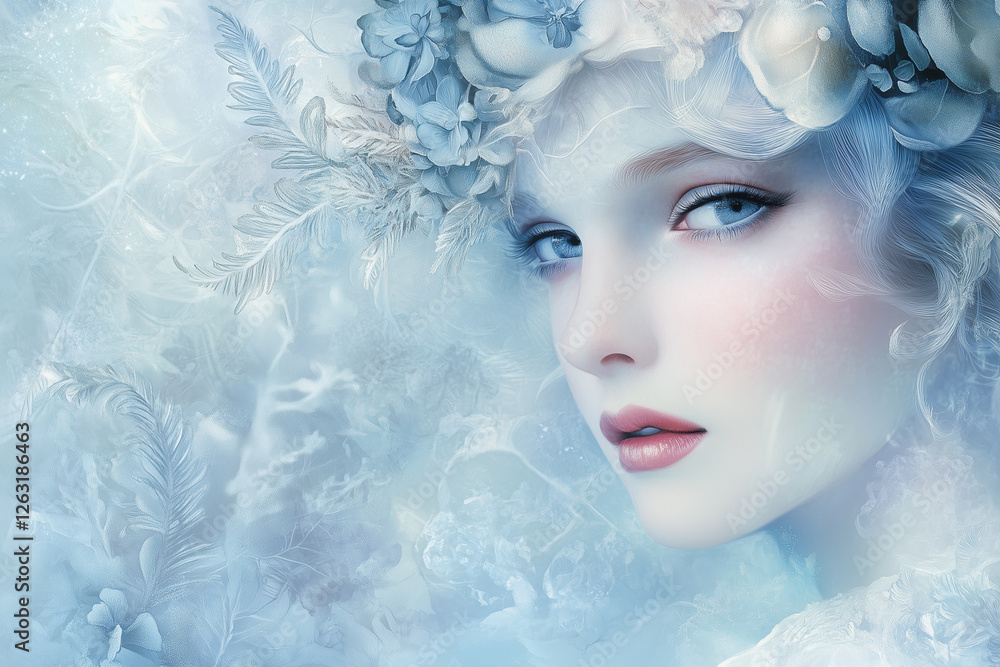 Frosted winter elegance captures the serene beauty of a woman adorned with delicate flowers for Womens Day celebration Frosted winter elegance captures the serene beauty of a woman adorned with delicate flowers for Womens Day celebration