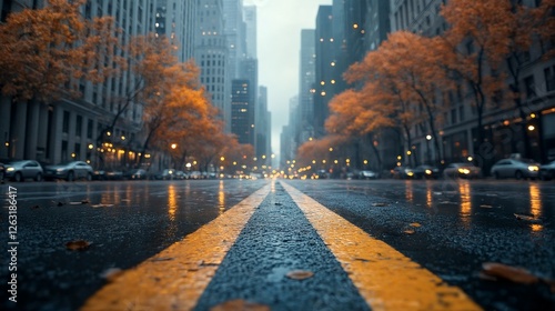 A wide-angle photograph of an empty city street on a rainy autumn evening. photo