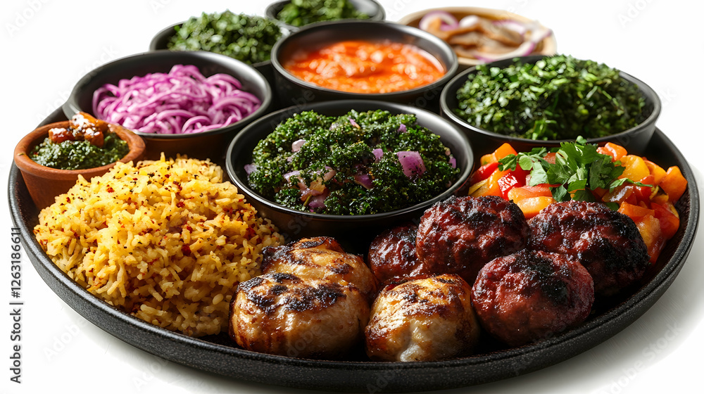 Grilled meatballs, rice, and various vegetable dishes on a platter Grilled meatballs, rice, and various vegetable dishes on a platter