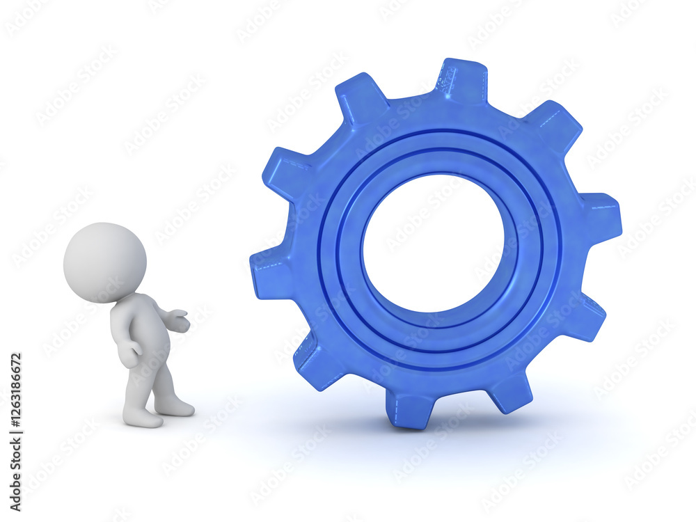 A small 3D guy with a large blue gear. Image isolated on white background.. A small 3D guy with a large blue gear. Image isolated on white background..
