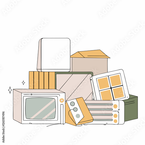Excessive consumption Minimalist illustration of heaps of broken appliances and electronic waste