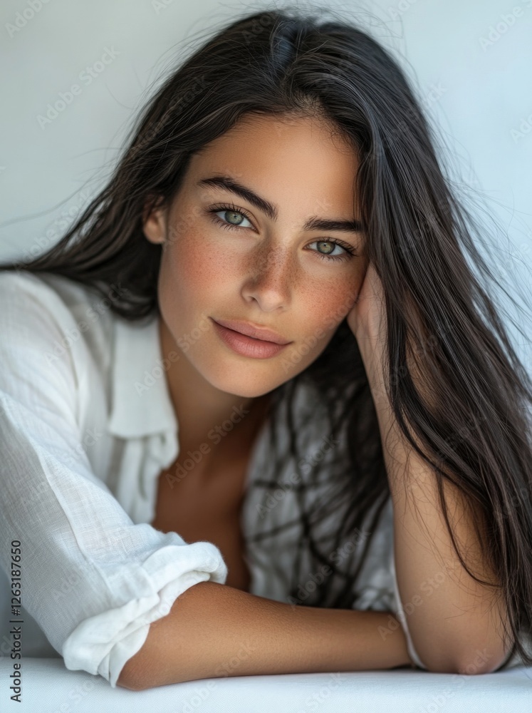 Beautiful woman wearing a white shirt, lying on the ground with her hand resting on an all-white table. Beautiful woman wearing a white shirt, lying on the ground with her hand resting on an all-white table.