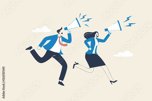 Communicate message, announce job vacancy for hiring, shouting promotion or company communication, warning alert or beware or important message concept, businessman and woman shouting on megaphone.