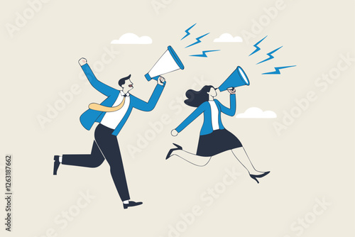 Communicate message, announce job vacancy for hiring, shouting promotion or company communication, warning alert or beware or important message concept, businessman and woman shouting on megaphone.