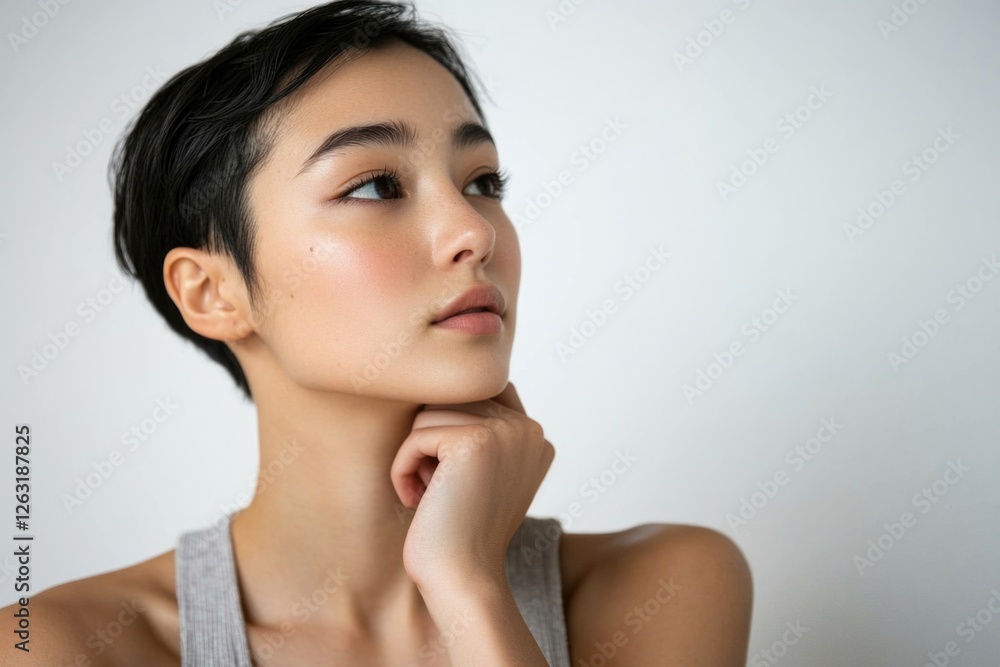 Beautiful woman with short hair, touching her chin while looking to the side. Beautiful woman with short hair, touching her chin while looking to the side.