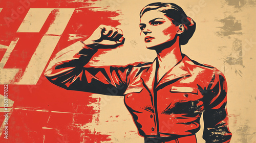 Soviet retro propaganda poster featuring a determined woman in a military uniform striking a powerful pose