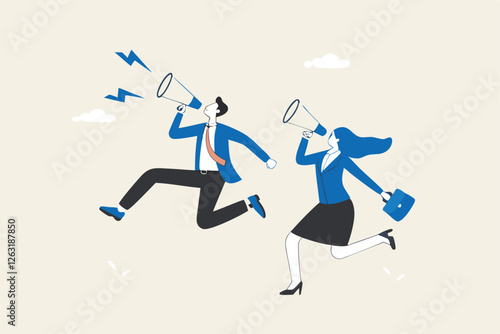 Communicate message, announce job vacancy for hiring, shouting promotion or company communication, warning alert or beware or important message concept, businessman and woman shouting on megaphone.