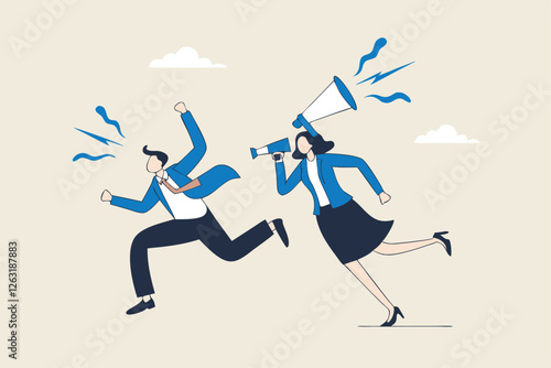 Communicate message, announce job vacancy for hiring, shouting promotion or company communication, warning alert or beware or important message concept, businessman and woman shouting on megaphone.