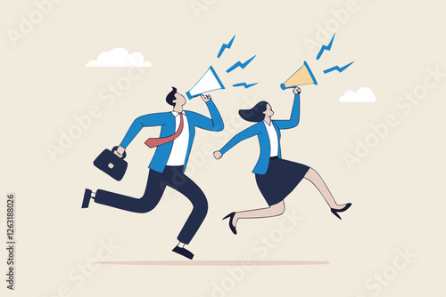 Communicate message, announce job vacancy for hiring, shouting promotion or company communication, warning alert or beware or important message concept, businessman and woman shouting on megaphone.