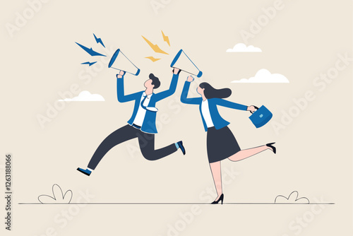Communicate message, announce job vacancy for hiring, shouting promotion or company communication, warning alert or beware or important message concept, businessman and woman shouting on megaphone.