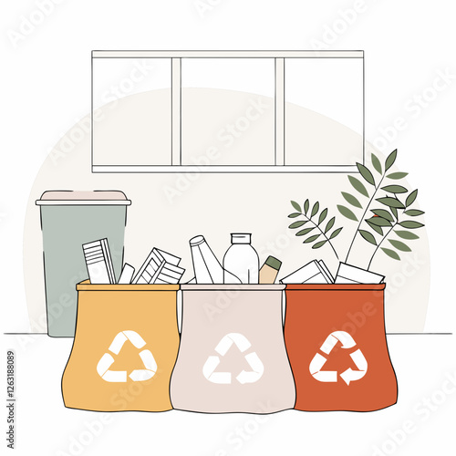 Excessive consumption Minimalist illustration of stuffed recycling bags in a kitchen