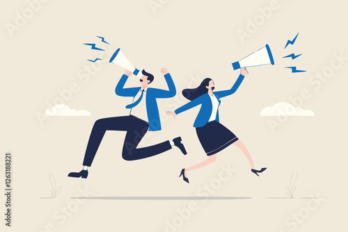 Communicate message, announce job vacancy for hiring, shouting promotion or company communication, warning alert or beware or important message concept, businessman and woman shouting on megaphone.