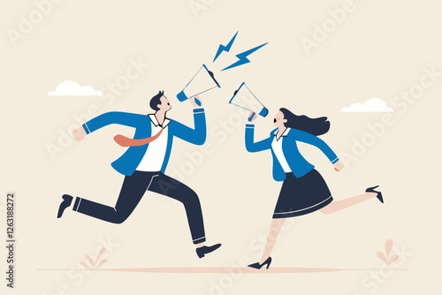 Communicate message, announce job vacancy for hiring, shouting promotion or company communication, warning alert or beware or important message concept, businessman and woman shouting on megaphone.