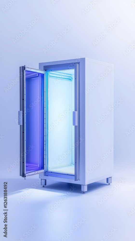 UV sterilization chamber with open door, showcasing its interior light. Ideal for sanitizing items effectively and safely UV sterilization chamber with open door, showcasing its interior light. Ideal for sanitizing items effectively and safely