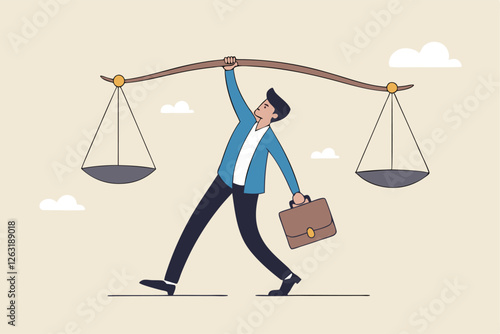Principles and business ethic to do right things, social responsibility or integrity to earn trust, balance and justice for leadership concept, confident businessman leader lift balance ethical scale.