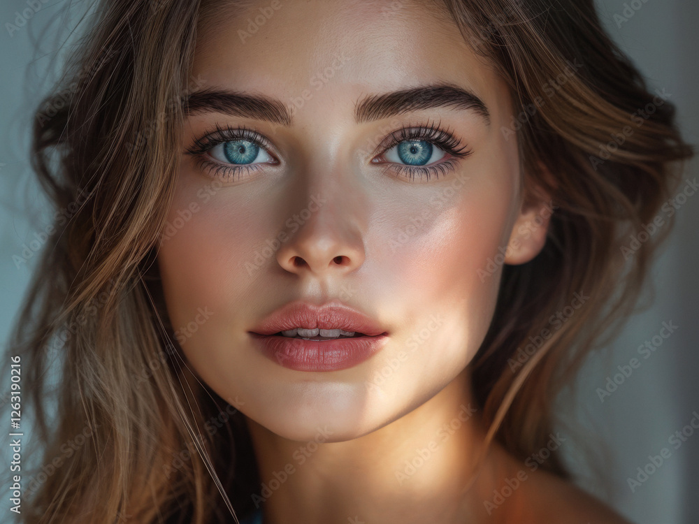 breathtaking beauty portrait of a young woman with radiant skin and captivating blue eyes. Her flawless complexion and soft lighting create an ethereal glow. Generative AI breathtaking beauty portrait of a young woman with radiant skin and captivating blue eyes. Her flawless complexion and soft lighting create an ethereal glow. Generative AI