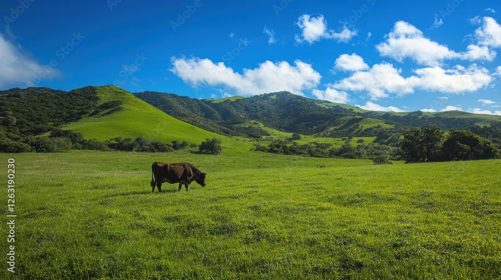 Cow Grazing in a Lush Green Pasture Under Blue Skies. Cow Grazing in a Lush Green Pasture Under Blue Skies.