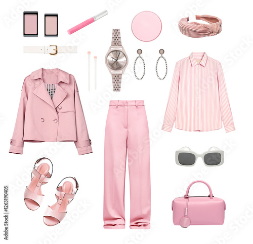 Beautiful women's clothes set isolated on white. Female fashion collage.Spring summer clothing.