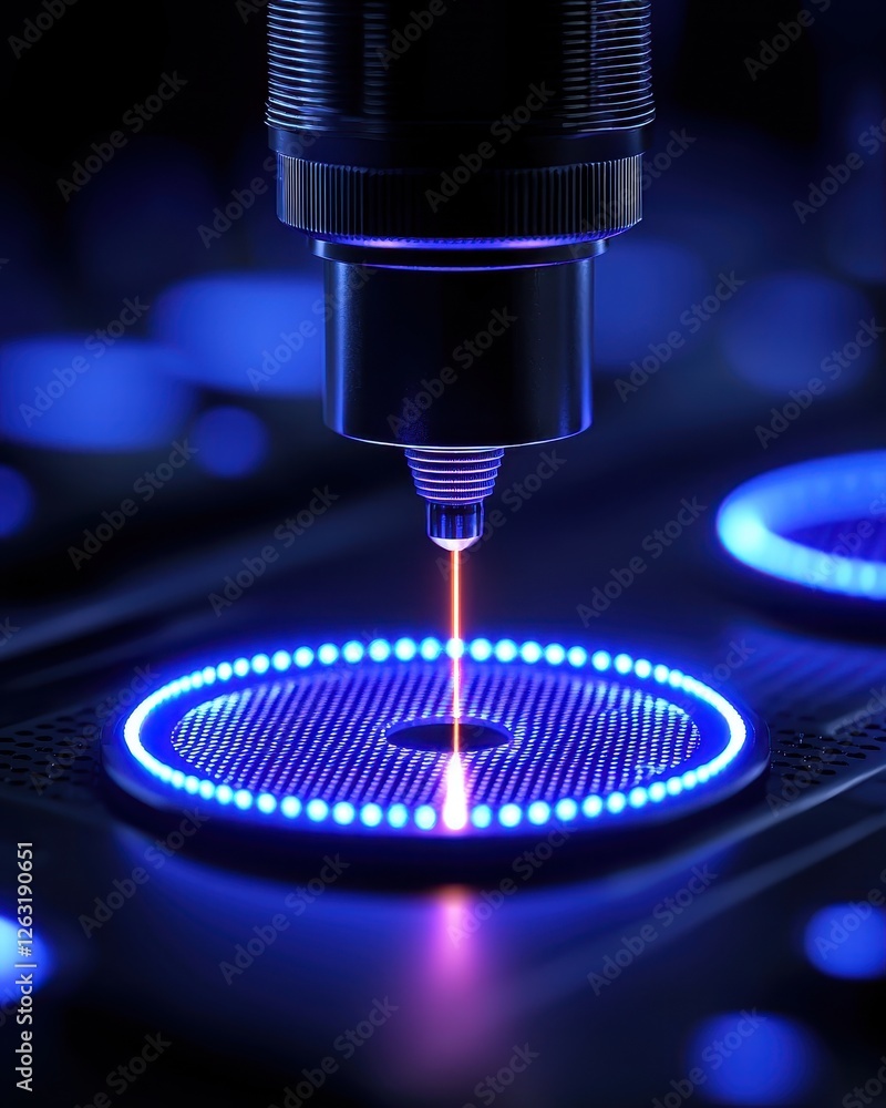 High-tech laser cutting process with blue light effect on circular surface. High-tech laser cutting process with blue light effect on circular surface.