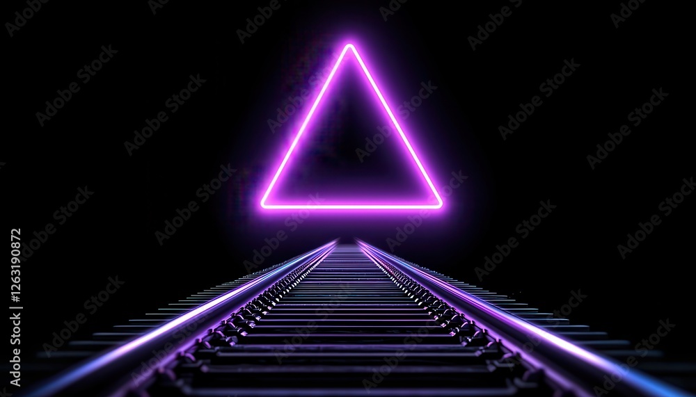 Illuminated triangle over a train track creates a futuristic atmosphere. Illuminated triangle over a train track creates a futuristic atmosphere.