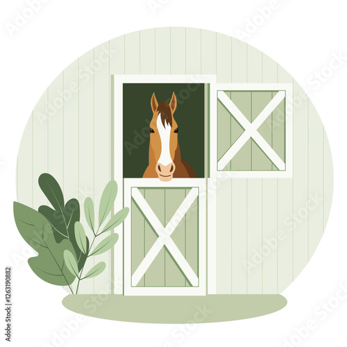 Horse looking out from a stable door in a minimalist flat design