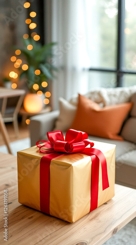 golden gift box with a red ribbon festively presented on a wooden table