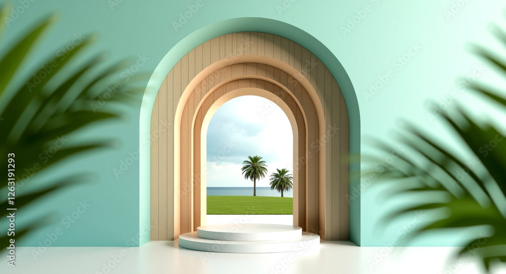 Fototapeta premium circular white podium in a tranquil tropical setting
