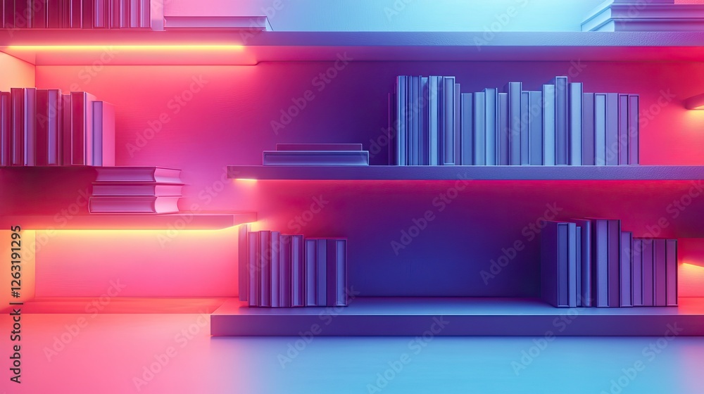 Neon Lit Shelves Displaying Rows Of Books Neon Lit Shelves Displaying Rows Of Books