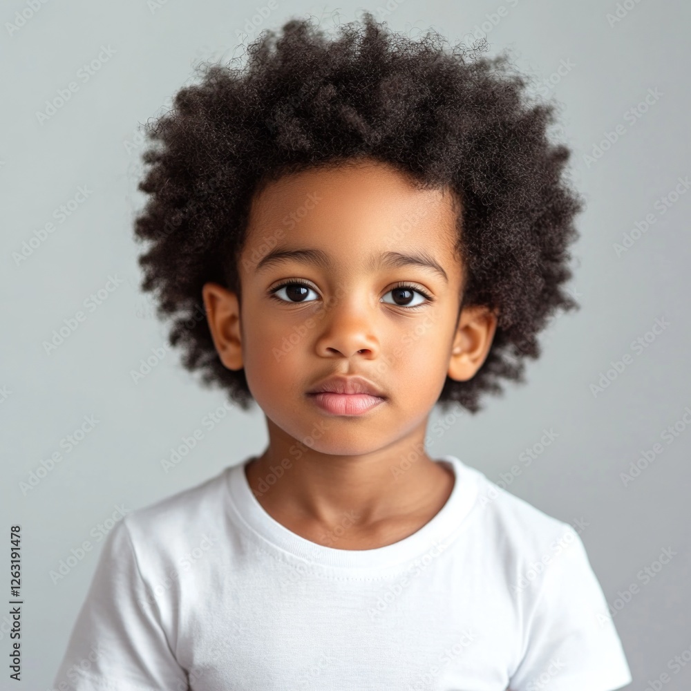 Cute African American boy with curly hair in a white t-shirt on on grey background Cute African American boy with curly hair in a white t-shirt on on grey background