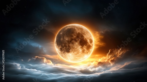 Celestial event supermoon illuminating the night sky over serene landscape digital art atmospheric perspective mystical concept